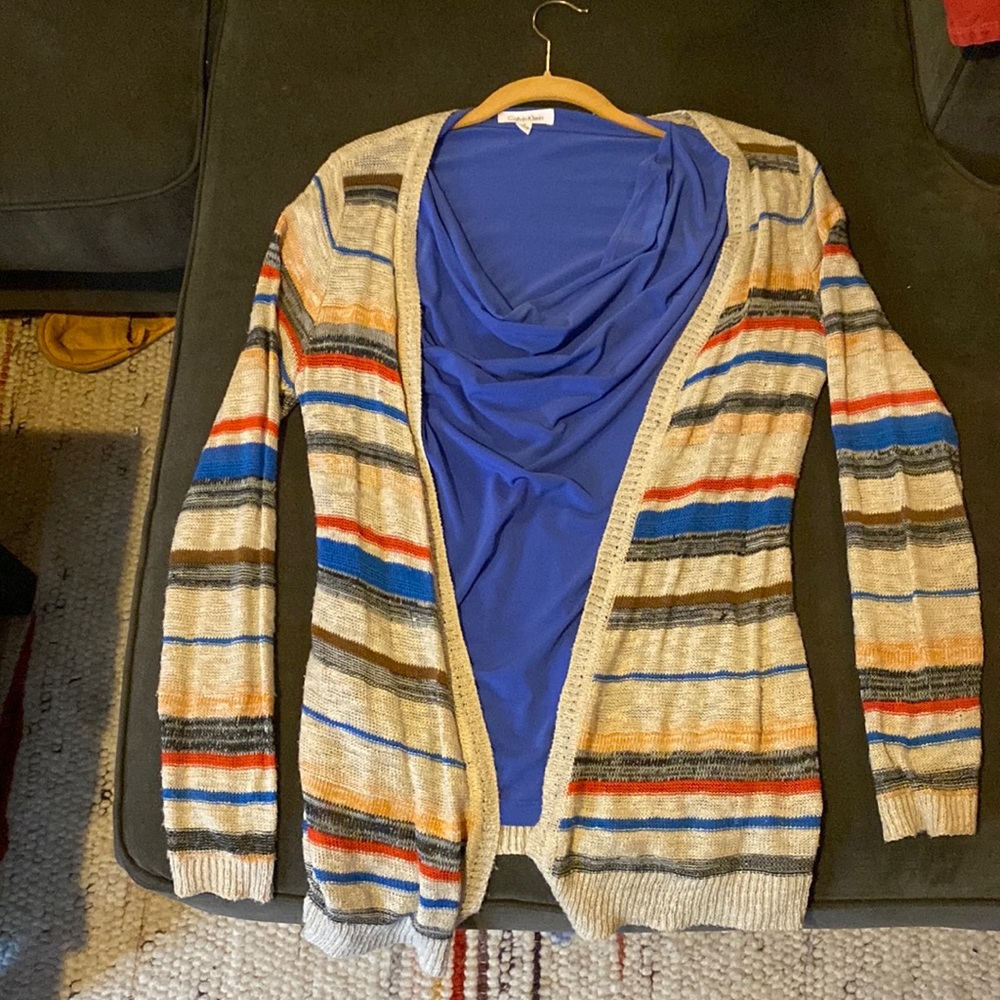Separates: Knit multi-striped cardigan, sleeveless cowel shell. Sold together